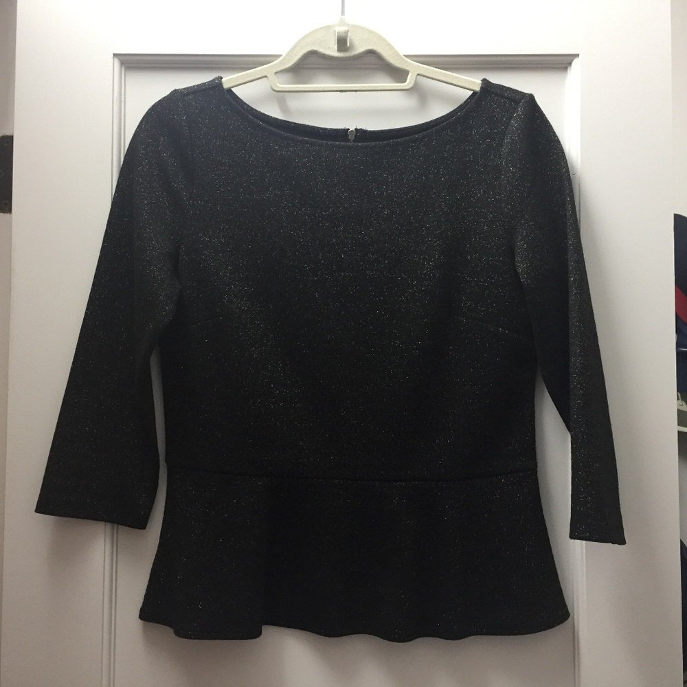 Loft Black/Gold Peplum 3/4 Sleeve Sparkly Top